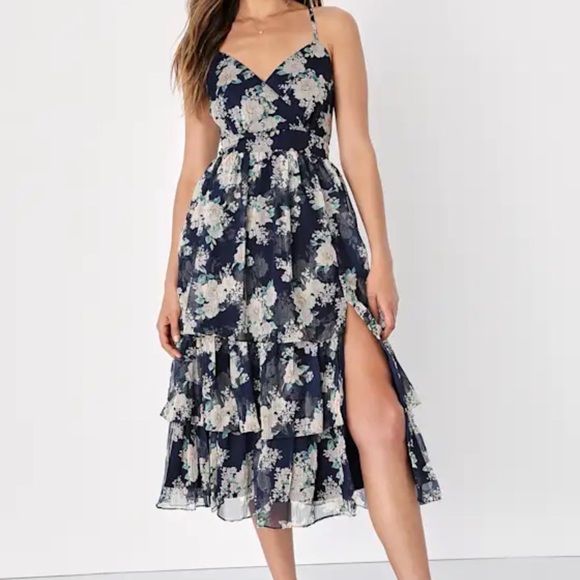 Lulus Cultivate Crushes Navy Floral Print Tiered Ruffled Midi Dress - Picture 10 of 10